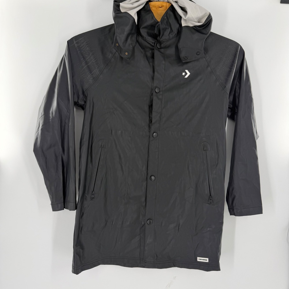 Converse Mens Rubberized Hooded Rain Jacket Black Longline Parka Size M